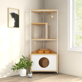 Corner Cat Tower with Scratching Post and Feeding Station - Particle Board