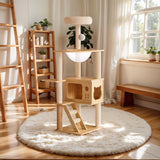 Modern Cat Tower with Sisal Scratching Posts and Top Perch - Natural / White