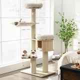 4-Layer 68.5-Inch Wooden Cat Tree Condo Activity Tower with Sisal Posts-Natural