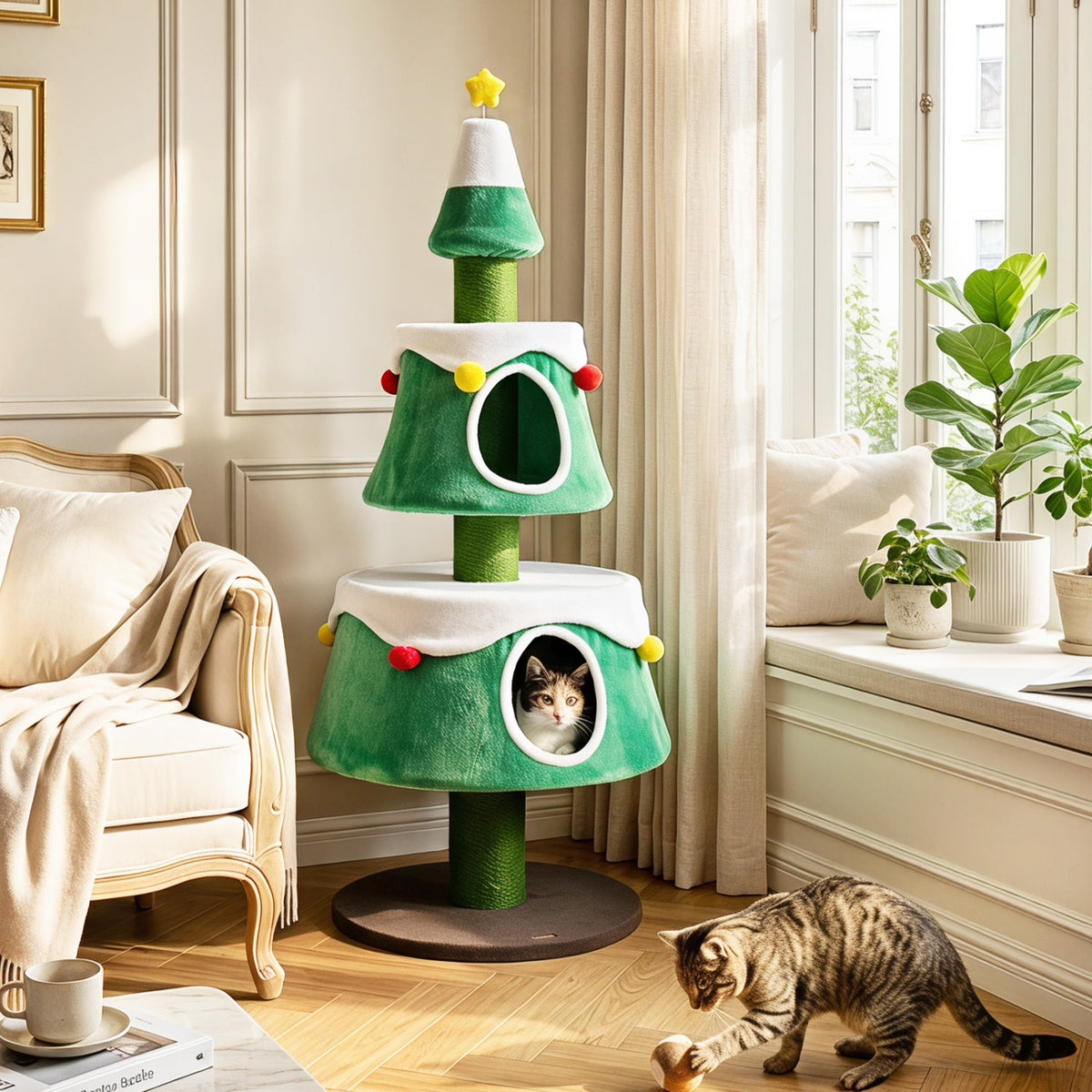 61.5" Christmas Tree Cat Tower with 2 Condos & Scratching Posts