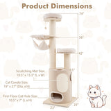 74 Inches Tall Wooden Cat Tower Tree with 2-Story Cat Condo and Washable Cushions-Natural