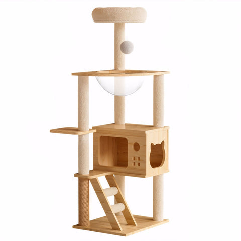 Modern Cat Tower with Sisal Scratching Posts and Top Perch - Natural / White