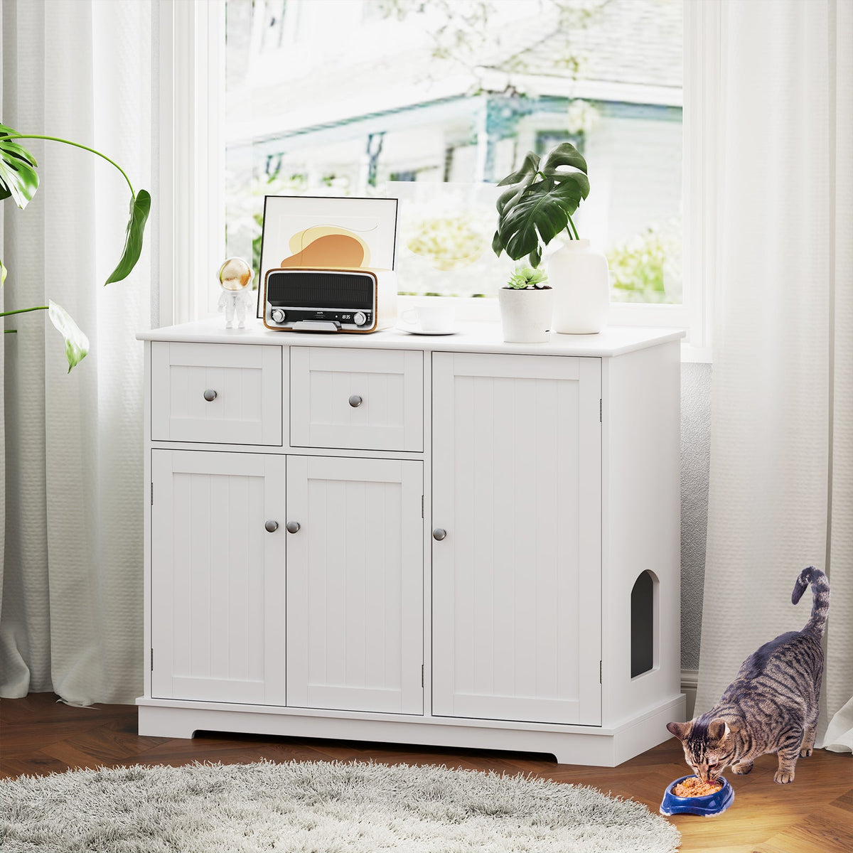 Cat Litter Box Enclosure with 2 Drawers and 3 Doors for Kittens and Adult Cats-White