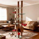 Floor to Ceiling Cat Tree Adjustable Mushroom Themed with Condo and Hammock-Brown