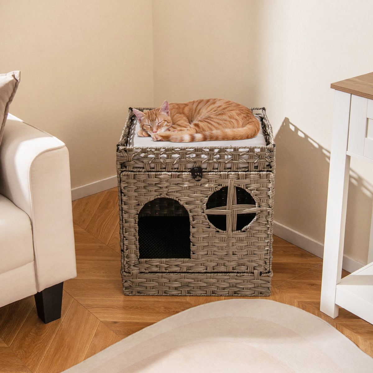 Foldable 2-tier Rattan Cat Litter Box Enclosure with Litter Mat-Grey