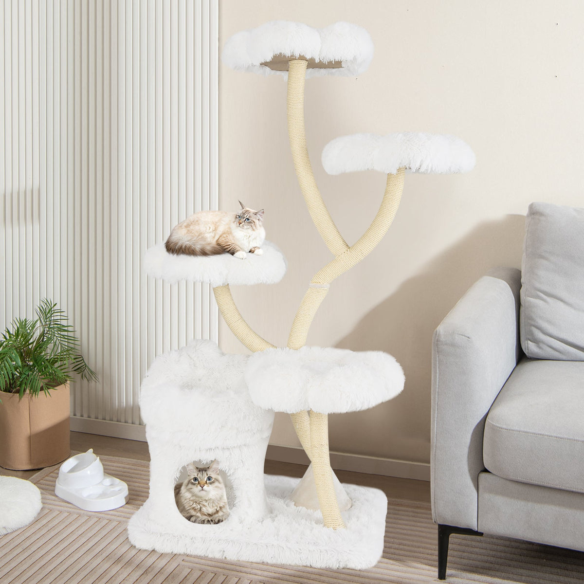 Freestanding Cat Tower with four Flower-shaped Platforms and Sisal Scratching Posts-White