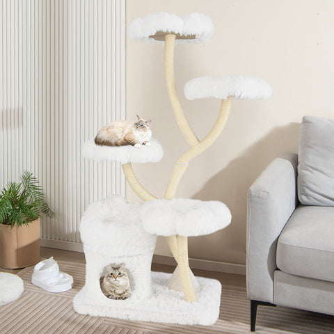 Freestanding Cat Tower with four Flower-shaped Platforms and Sisal Scratching Posts-White
