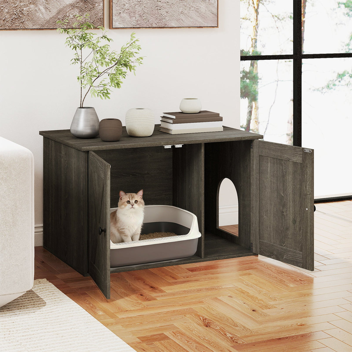 Hidden Cat Litter Box Enclosure Furniture with Divider-Oak