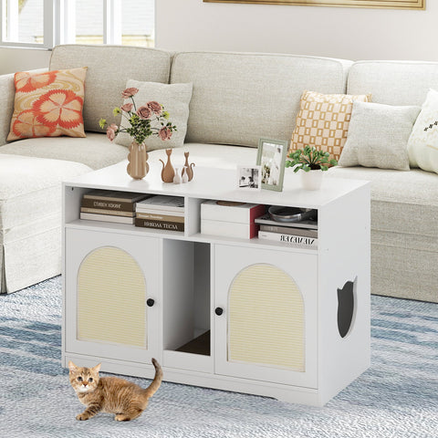 43 Inches Cat Litter Box Enclosure with Storage and Double Rooms-White