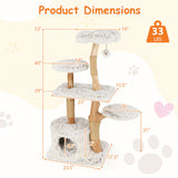Modern Cat Tree 53 Inch Tall Natural Branch Wooden Cat Tower with Jute Scratching Posts-White