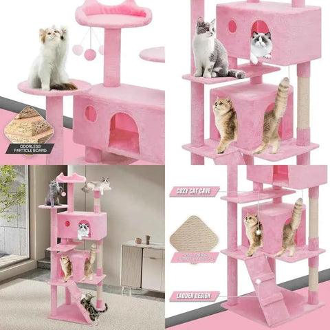 70" Tall Pink Cat Tree – Indoor Cat Tower with Scratching Posts & Climbing Platform