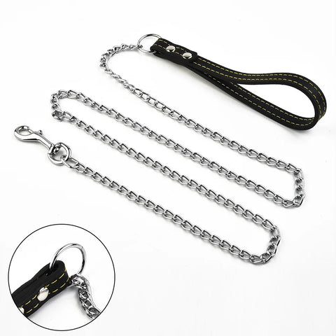Metal Chain Dog Lead with Leather Style Handle Strong Control Leash Iron Dog Pets Supplies Collars Harnesses Chain Traction Rope