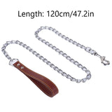 Metal Chain Dog Lead with Leather Style Handle Strong Control Leash Iron Dog Pets Supplies Collars Harnesses Chain Traction Rope