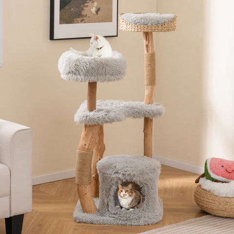 Solid Wood Cat Tower with Top Cattail Basket Cat Bed-Gray