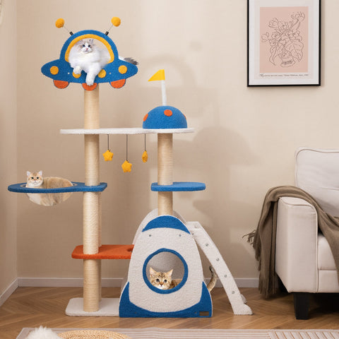 Space Theme Cat Tree Multi-level Cat Tower with Sisal Covered Scratching Posts-Multicolor