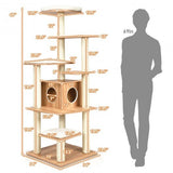 7-Layer Wooden Cat Tree Tall Cat Tower with Sisal Posts and Condo-Natural - Color: Natural
