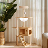 Modern Cat Tower with Sisal Scratching Posts and Top Perch - Natural / White