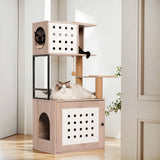 Cat Tree with Litter Box Enclosure and Large Hammock - Gray & White